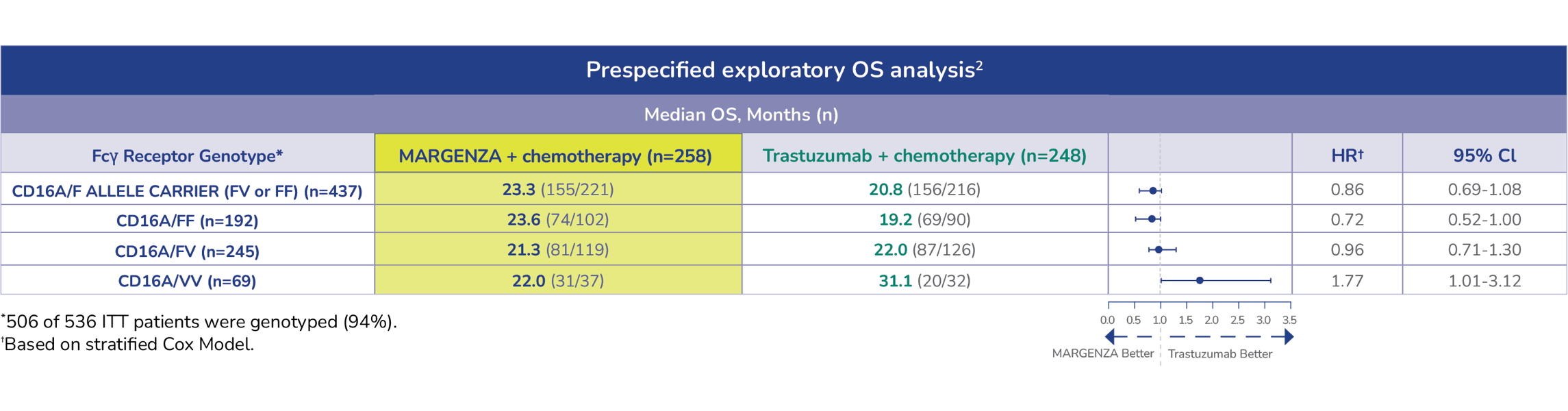 Table of overall survival by Fcγ receptor genotype in patients on MARGENZA vs. Trastuzumab. Median OS slightly favored MARGENZA in most subgroups, except CD16A/VV, which favored Trastuzumab. Hazard ratios vary by genotype.