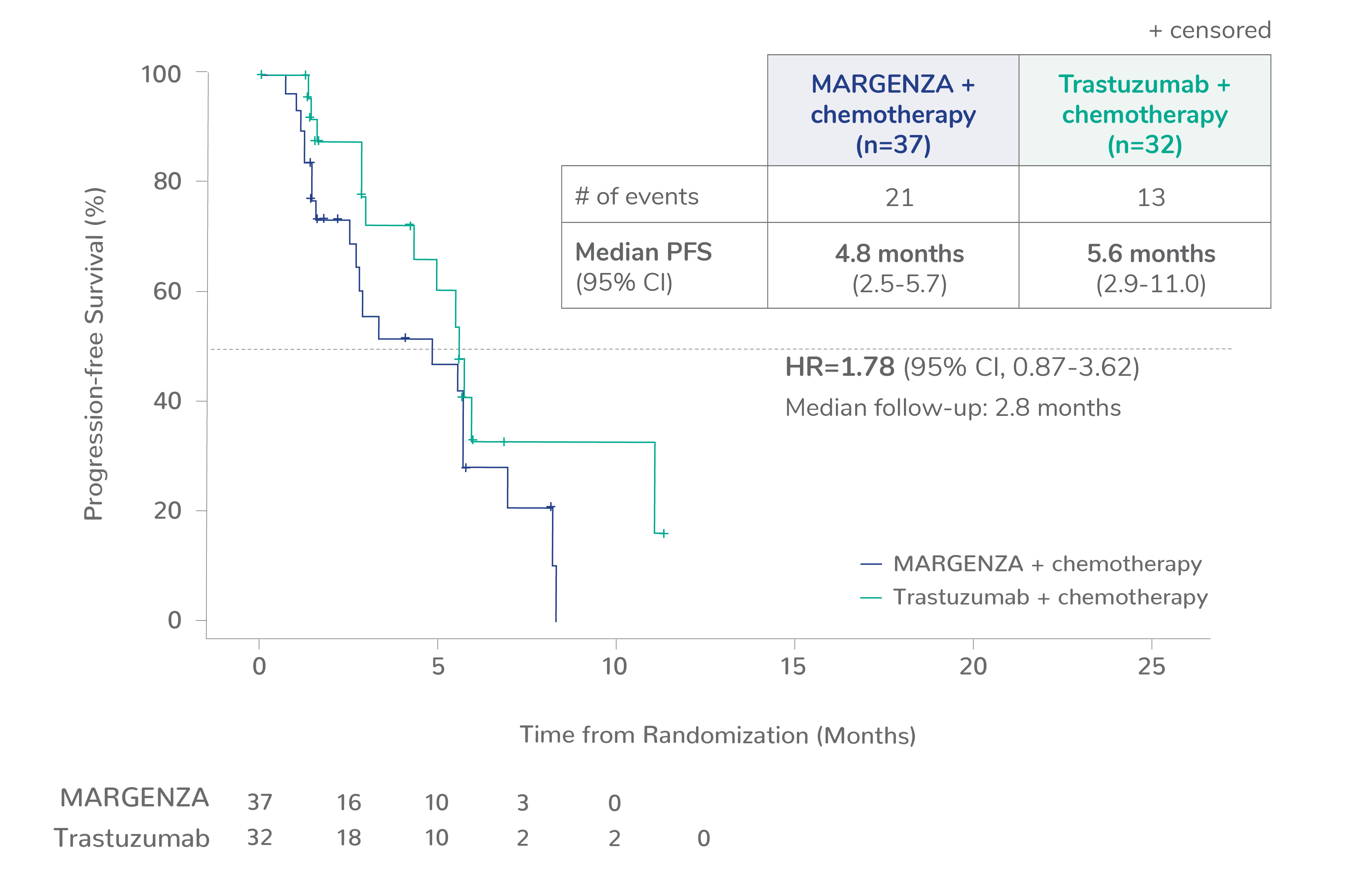 Kaplan Meyer curve showing median progression-free survival for CD16A VV genotype of 4.8 months for MARGENZA plus chemotherapy in 37 patients compared to 5.6 months for trastuzumab plus chemotherapy in 32 patients. The hazard ratio was 1.78. 